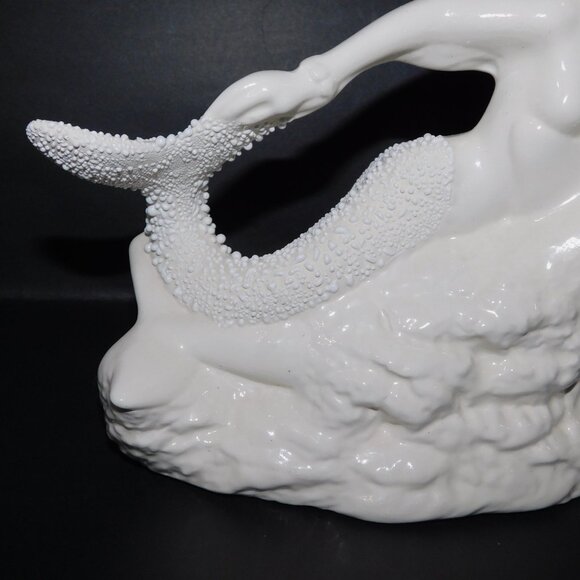 White Glazed Ceramic Mermaid Riding Dolphin Figurine Statue Home Decor - Picture 5 of 11